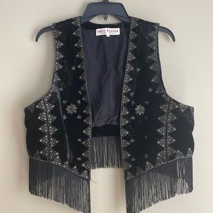 Free People, Black Embroidered Fringe Vest, Size L